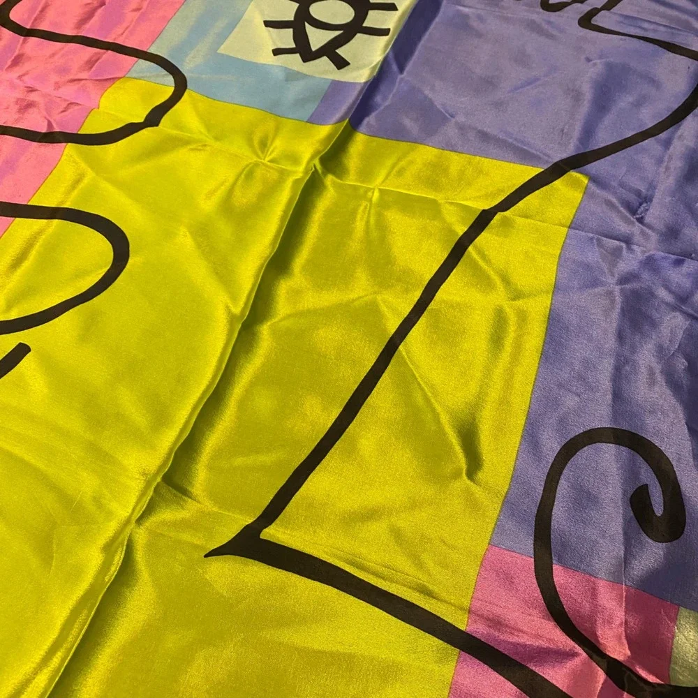 Echo Vintage Abstract Colorblock Silk Scarf Blue Pink Yellow Eye Graphic 31x31